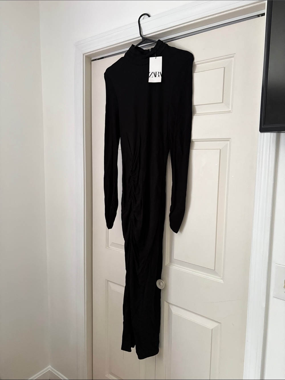 Zara Black Long-Sleeve Turtleneck Ruched Midi Dress